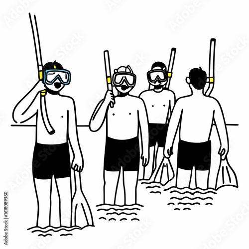 Four people wearing snorkeling gear and fins standing in water group tour