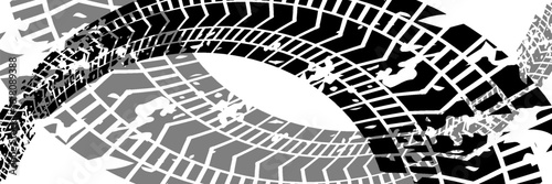 Tire tread marks, wheel textures, tire marks - car racing, motocross, drift, rally, off-road and others. Vector black isolated texture in grunge style with splashes.eps10