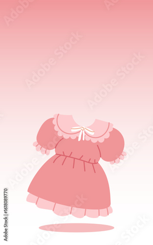 Pink banner children's dress with frills and short sleeves on pink gradient. Cute dress with bows, symbolizing gender reveal party. Flat color. Let's find out the gender of the baby. baby shower. girl