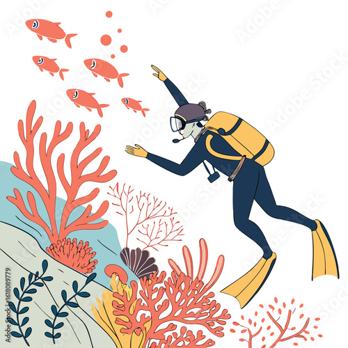 A cartoon diver in a blue wetsuit and yellow fins swims near coral and orange fish snorkeling scuba diving
