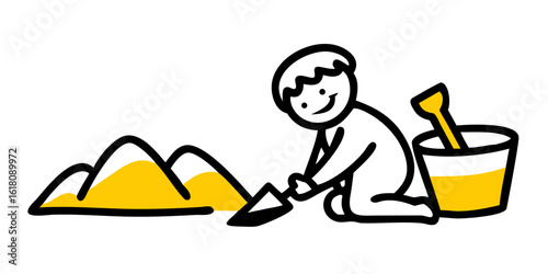 a child playing with a shovel and bucket near smal