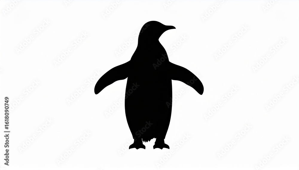 Naklejka premium Black silhouette of a standing penguin with wings spread. Isolated vector graphic icon on a white background.