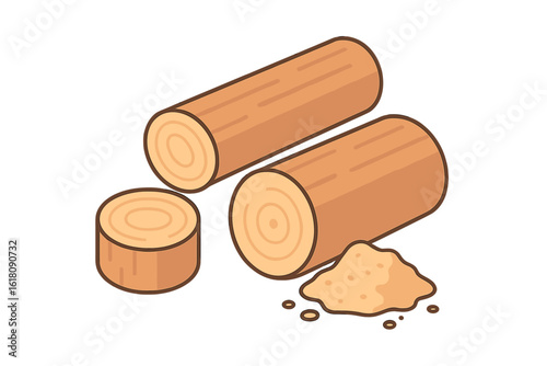 Logs and wood shavings illustrating woodworking process in a workshop setting during daylight hours