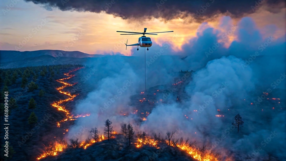 Fototapeta premium Firefighting helicopter releasing water over wildfire in mountain forest at sunset 