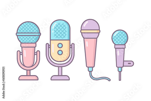 Various types of microphones displayed in pastel colors showcasing sound recording equipment