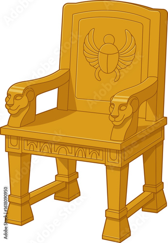 Ornate Golden Throne with Scarab Emblem and Lion-Headed Armrests. 