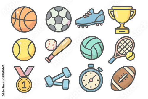 Collection of sports equipment and awards featuring balls, shoes, and trophies in a colorful design