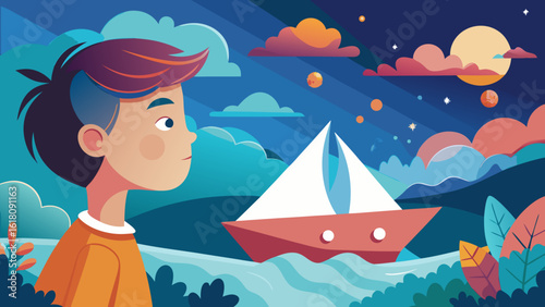 Child’s Imagination with Paper Boat – Whimsical Surreal Scene