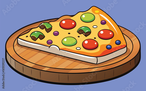 Delicious vector pizza with melted cheese and colorful toppings on wooden board texture