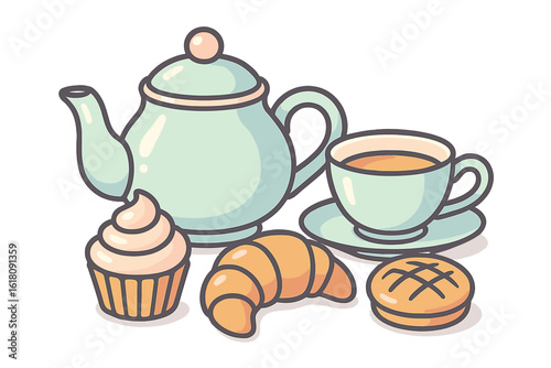 Delightful afternoon tea with a teapot, cup, croissant, cupcake, and cookie served in a cozy setting