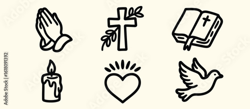 Set of six religious symbols including praying hands cross bible candle heart and dove