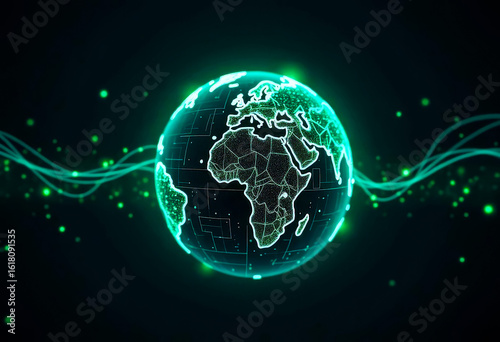 Glowing Green Digital Earth Focused on Continents with Network Grid Overlay in Futuristic Space Background, Highlighting Global Technology, Sustainability, and Connectivity Concepts.