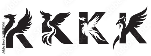 Elegant Phoenix and Letter K Logo Designs: A Series of Striking Bird-Themed Typography,Symbolic Phoenix Lettermark Logos: Creative Monograms Incorporating Mythological Birds
