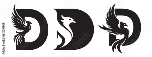 Phoenix emblem designs integrated within the letter D, offering three distinct visual options, unique typography and mythical bird concept logo, vector, icon, symbol