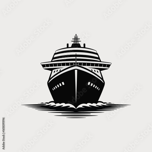 Front view of a large cruise ship sailing on the water