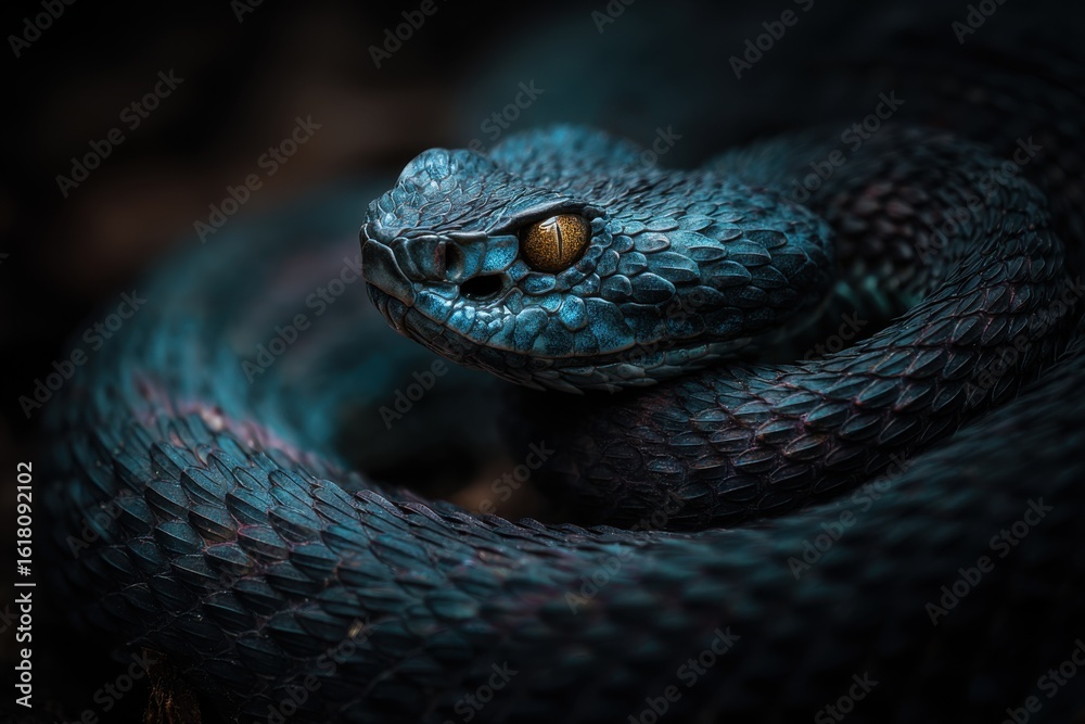 Fototapeta premium Intense close up of a blue viper with piercing orange eyes