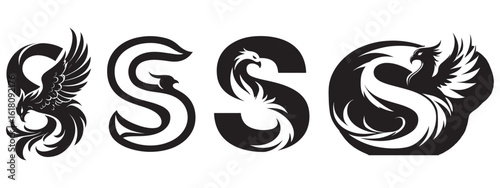 A set of stylized phoenix logos in the shape of the letter S, Black and white phoenix logo designs with an S motif