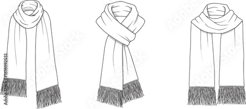 Fringe scarf flat sketch, winter scarf vector template, front view scarf styles, fashion CAD drawing, cozy accessory illustration, technical apparel design, warm wrap