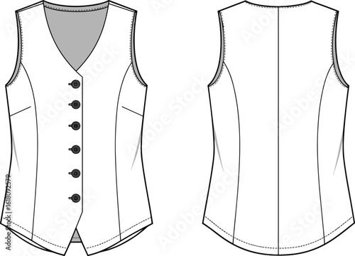 Women's buttoned vest flat sketch, sleeveless waistcoat vector template, front and back views, CAD fashion drawing, fitted vest design, technical apparel illustration