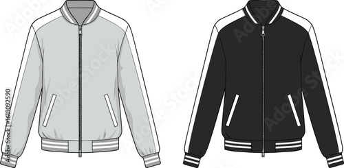 Men's bomber jacket flat sketch, front view vector, casual outerwear design, zip-up jacket template, CAD fashion illustration, technical drawing, streetwear style