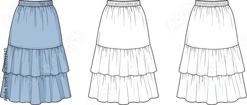 Cad drawing flat vector illustration, tiered ruffle skirt design, elastic waistband skirt, fashion technical sketch, flared silhouette, layered women’s skirt, stylish clothing template.
