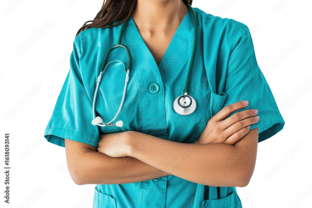 Medical professional in scrubs stands confidently with arms crossed in a healthcare environment Medical professional in scrubs stands confidently with arms crossed in a healthcare environment