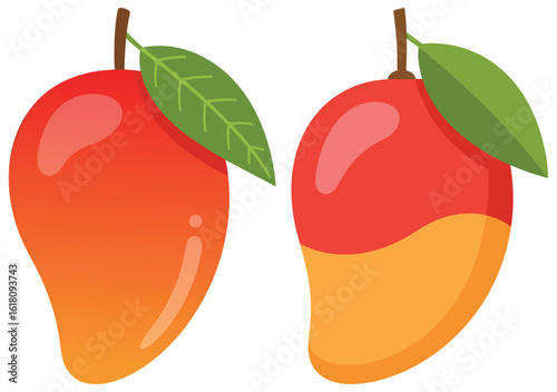 Fresh Mango Fruit Vector Illustration with Green Leaves in Bright Colors for Tropical Food Design, Summer Theme, and Healthy Eating Concept