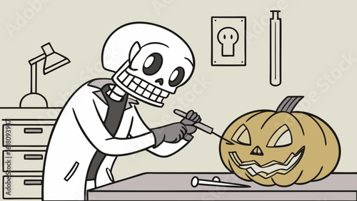 Skeleton scientist carving a jack o lantern pumpkin with tools in a laboratory setting for halloween night