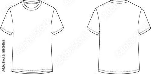 Flat vector illustration of a basic short-sleeve t-shirt design. Simple white blank shirt mockup, front and back view for clothing brand and fashion design concepts.