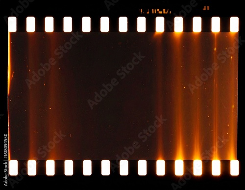 An analog film burn effect with fiery orange-red flashes, organic light streaks, and natural edge flares. Overlay on black background