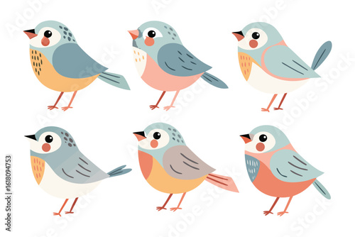 Birds illustration collection: Six adorable, illustrated birds, each with unique plumage patterns, perch gracefully, creating a charming and whimsical design.