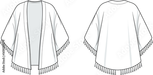 Women's kimono cardigan flat sketch, boho fashion design with tassel hem, front and back technical drawing, summer clothing vector illustration, cad garment template