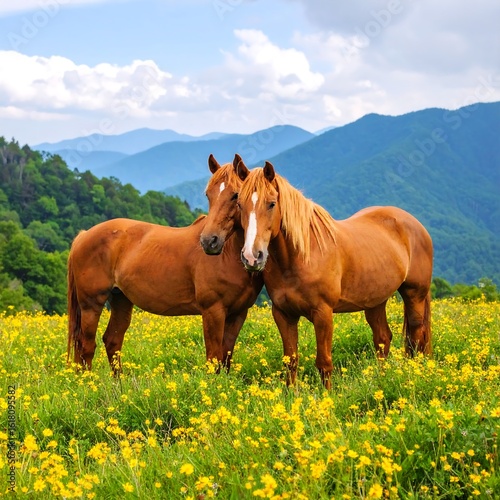 Two horses in a field of wildflowers, mountains in background