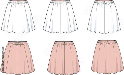 Women’s flared mini skirt technical flat sketch front and back view, elastic waistband skirt cad drawing, fashion vector illustration, modern apparel design