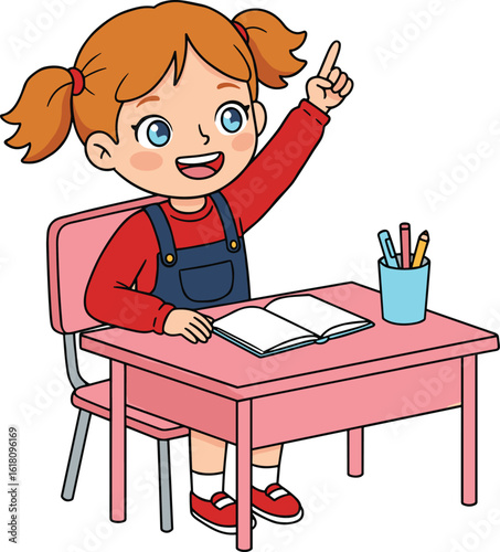 Cute cartoon schoolgirl raising hand in class, sitting at desk with book and pencils, happy child learning, education concept illustration