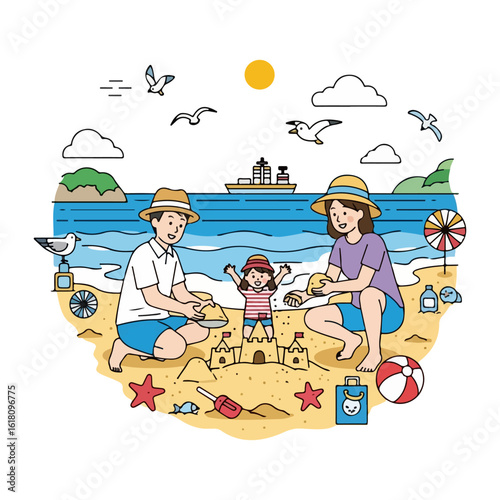 Japan marine day, family playing sand on the beach. Vector flat design cartoon. AI generated images.