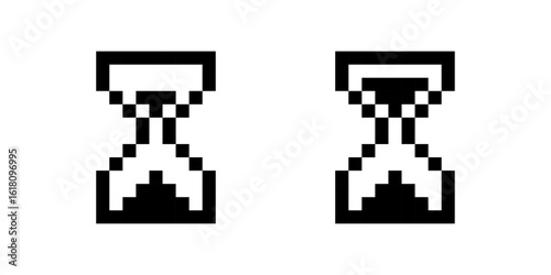 Pixelated hourglass icon in two variations, Pixel art vector illustration of an hourglass, Classic retro timer design for 8-bit style games, retro games, pixel art.