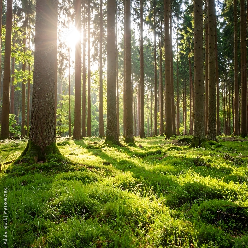 Obraz premium Sunlight filtering through a dense forest