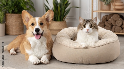 A happy corgi dog sits beside a calm tabby cat resting in a pet bed. The scene is cozy with indoor plants in the background.