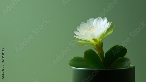 A beautiful white flower blooms in a simple green pot. The soft green background creates a calming effect. Perfect for nature lovers and plant enthusiasts. AI
