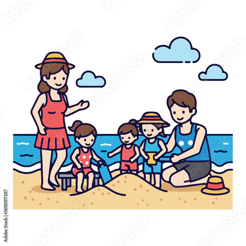 Japan marine day, family playing sand on the beach. Vector flat design cartoon. AI generated images.