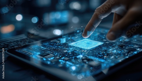 Hand touching a digital circuit board