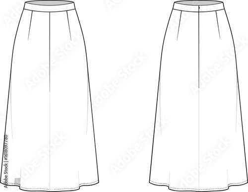 Women’s long A-line skirt flat sketch, high waist, front and back views, simple design, fashion CAD drawing, vector apparel template, sewing pattern illustration