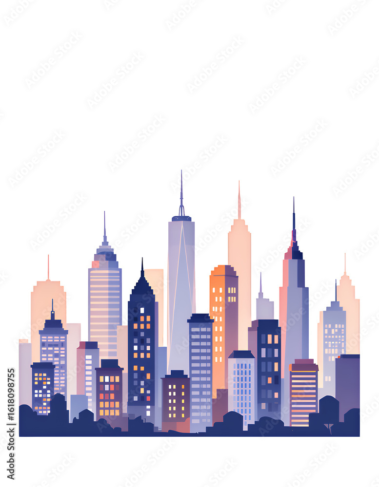 Obraz premium Illuminated Skyscrapers Silhouette with Transparent Background, Neon Pastel Illustration for Web Design