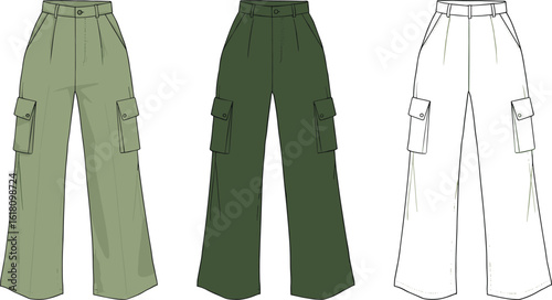 Women’s cargo pants flat sketch, utility pocket trousers vector template, high waist wide leg pants design, fashion CAD drawing, clothing technical illustration