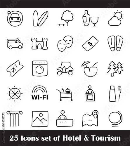 Hand drawn icons for hotel and tourism industry travel