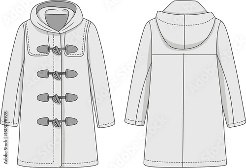 Cad Drawing Flat Vector Illustration of Stylish Hooded Duffle Coat, Classic Button Fastenings, Winter Outerwear Design, Warm Fashionable Jacket for Cold Weather, Trendy Coat Graphic