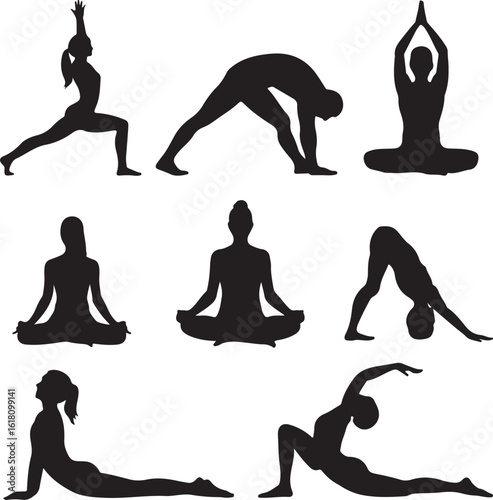 Diverse yoga poses silhouettes stretching meditation