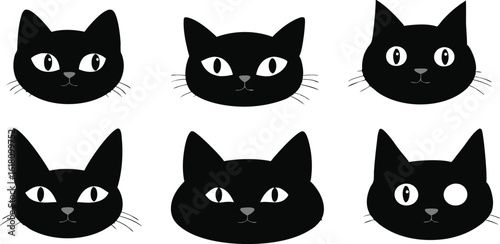 Cartoon Black Cat Faces Pattern on White Background for Halloween