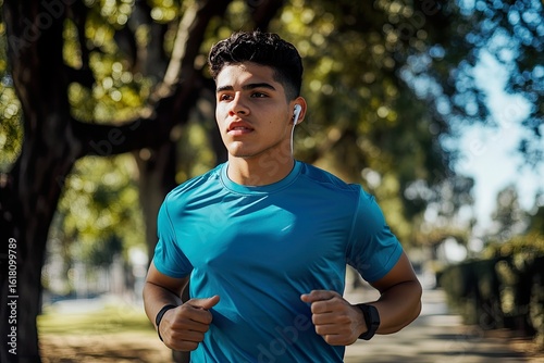 Young man jogging with earphones on sunny day in city park